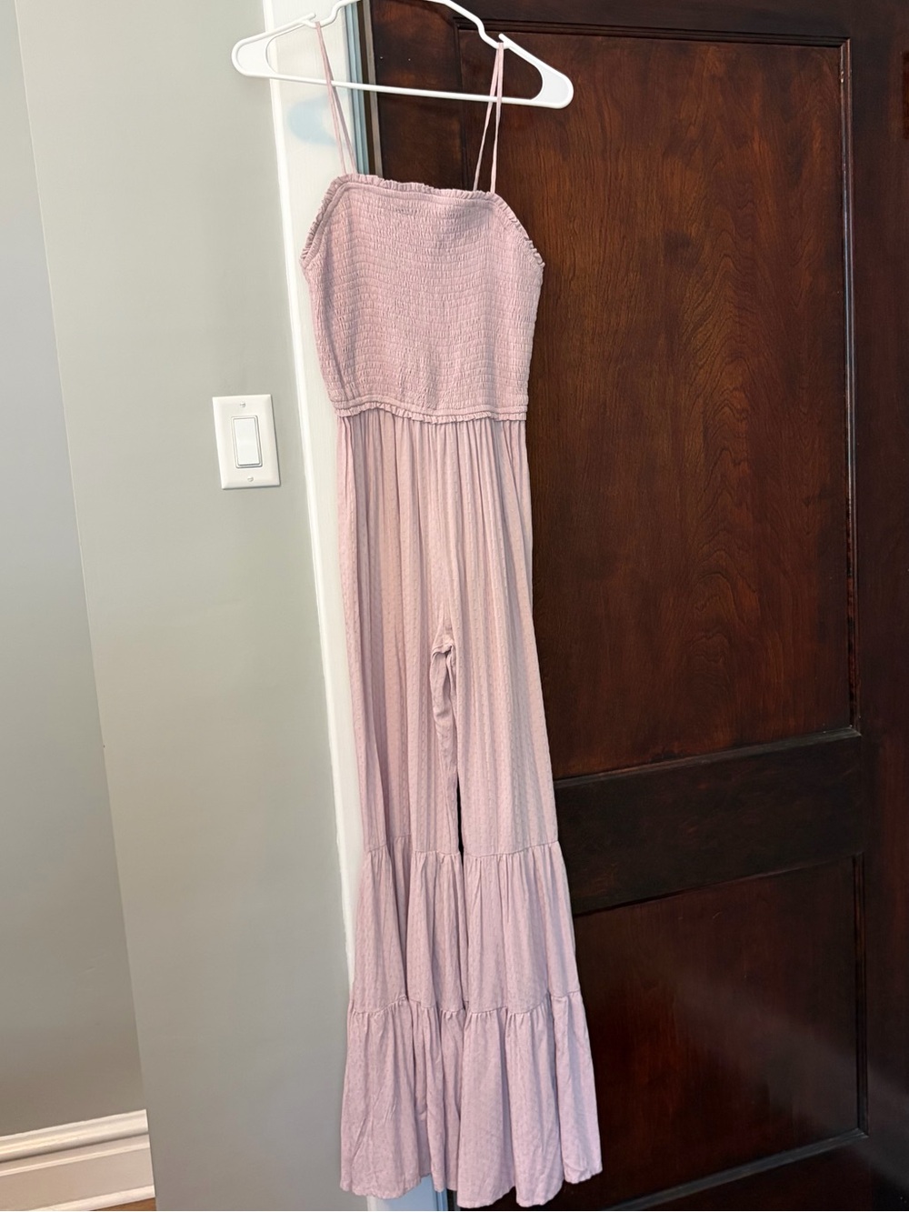 Main Strip Jumpsuit Large Smocked Flare Leg Strap Pink Festival Rayon/Cotton